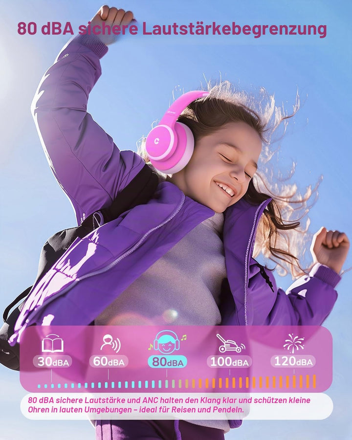 iClever Noise Cancelling Bluetooth Kopfhörer Kinder, 60 Spielzeit, Sichere Lautstärke 80 dBA, Typ-C-