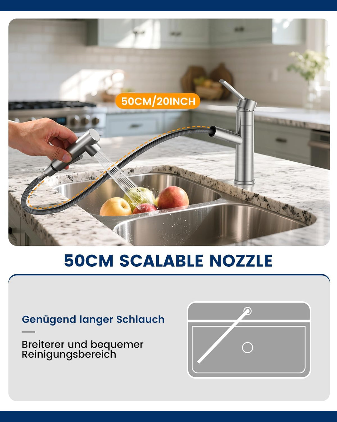 DAYONE Wasserhahn Küche, SUS304 Edelstahl Küchenarmatur Ausziehbar, Hochdruck Armatur Küche 120° Dre