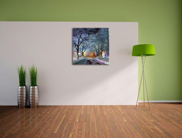 Baumallee im Winter, Format: 70x70 auf Leinwand, XXL riesige Bilder fertig gerahmt mit Keilrahmen, K