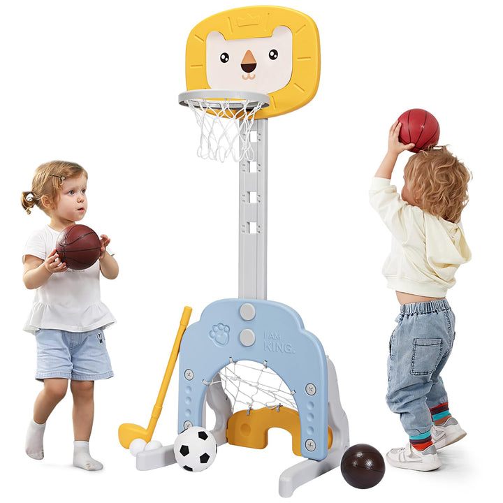 HOMASIS 3 in 1 Kinder Basketballkorb Set, multifunktionaler Basketballständer mit Fussballtor & Golf