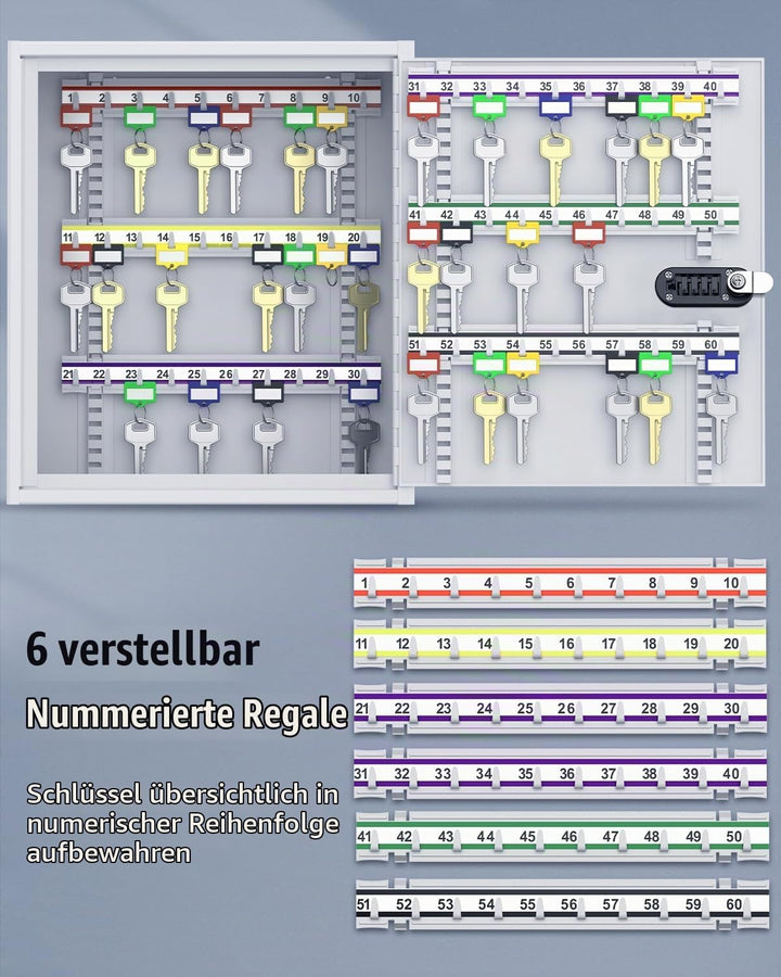 Uniclife Schlüsselschrank 60 Fach mit Zahlenschloss und Schlüssel resettbar digitaler Sicherheitstre