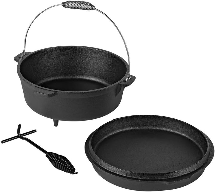 Melko BBQ Dutch Oven mit Deckel und Deckelheber aus Gusseisen, Topf zum Grillen, Braten, Garen, Back