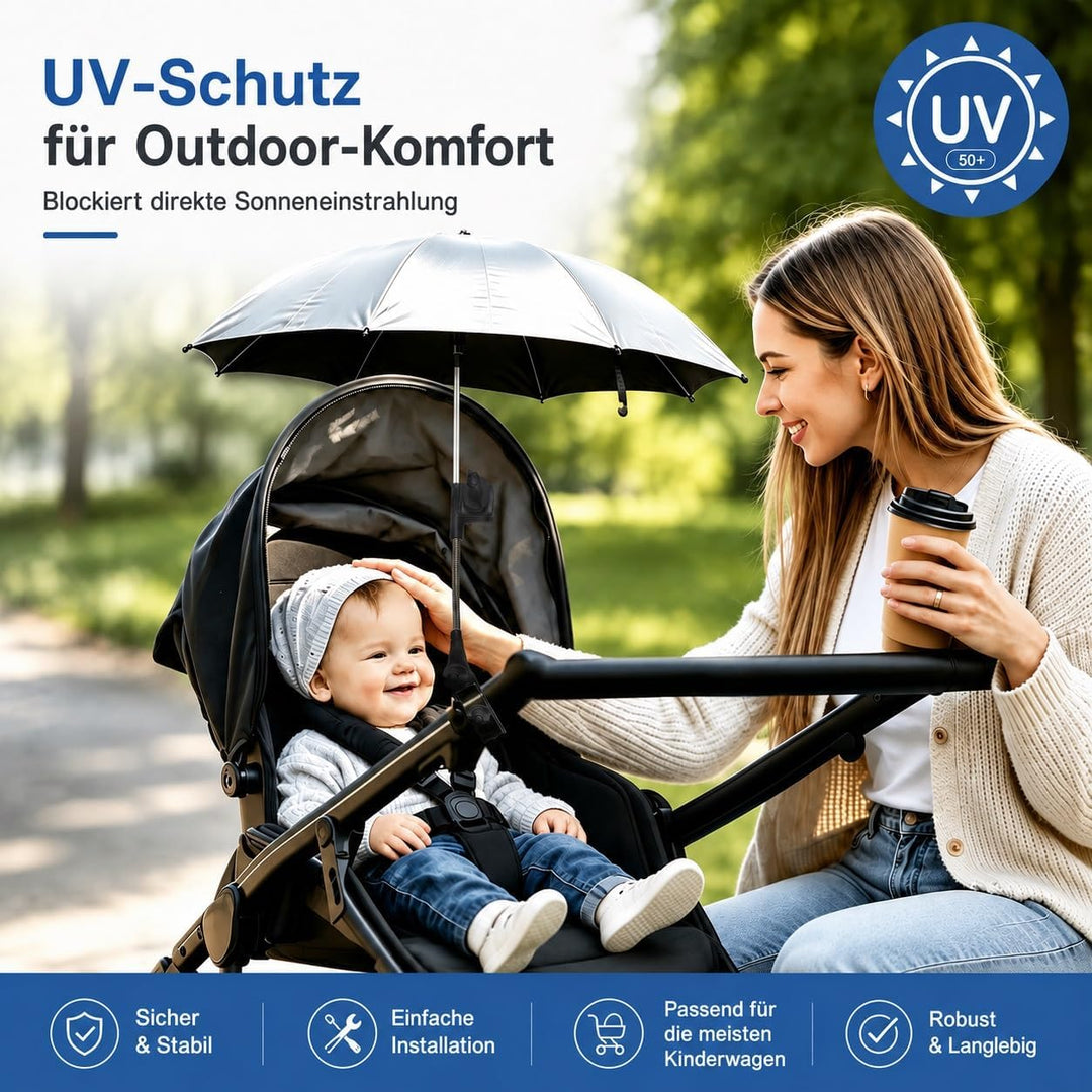 Kamera-Schirm mit Klemme, Sonnenschirm Kinderwagen UV Schutz UPF50+, Silber 65 cm Silver, 65 cm Silv
