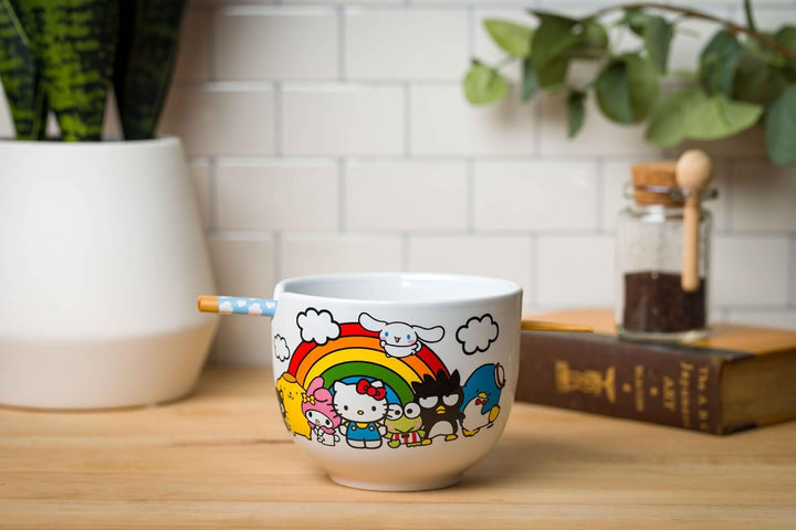 Silver Buffalo Sanrio Hello Kitty and Friends Regenbogen-Keramik-Reisschale mit Essstäbchen, 590 ml,