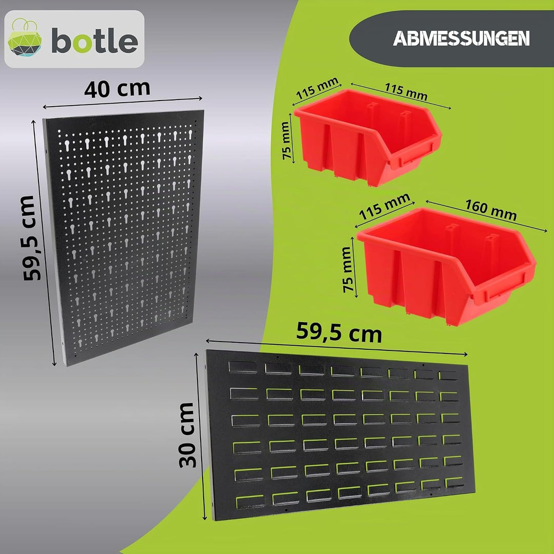 botle® Werkzeugwand Lochwand aus Metall, Stapelboxen + Wandregal + Werkzeughalter 51-tlg Set, Kleint