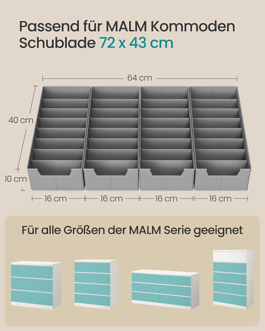 SONGMICS Unterwäsche-Organizer 4er Set, Schubladen-Organizer für IKEA HEMNES und MALM Kommoden, mit