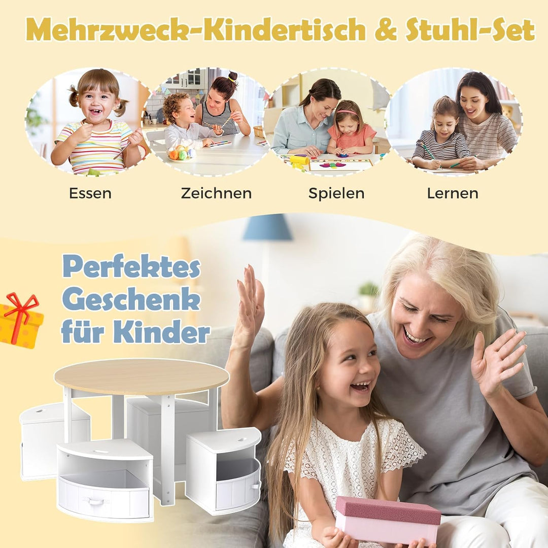 FANTASK Kindertisch mit 4 Stühlen, Kinder Tisch Stuhl Set inkl. Maltisch, 4 Stauraumhocker & 4 Stoff