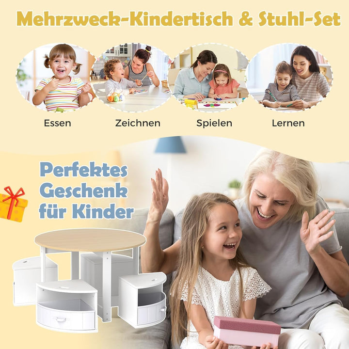 FANTASK Kindertisch mit 4 Stühlen, Kinder Tisch Stuhl Set inkl. Maltisch, 4 Stauraumhocker & 4 Stoff