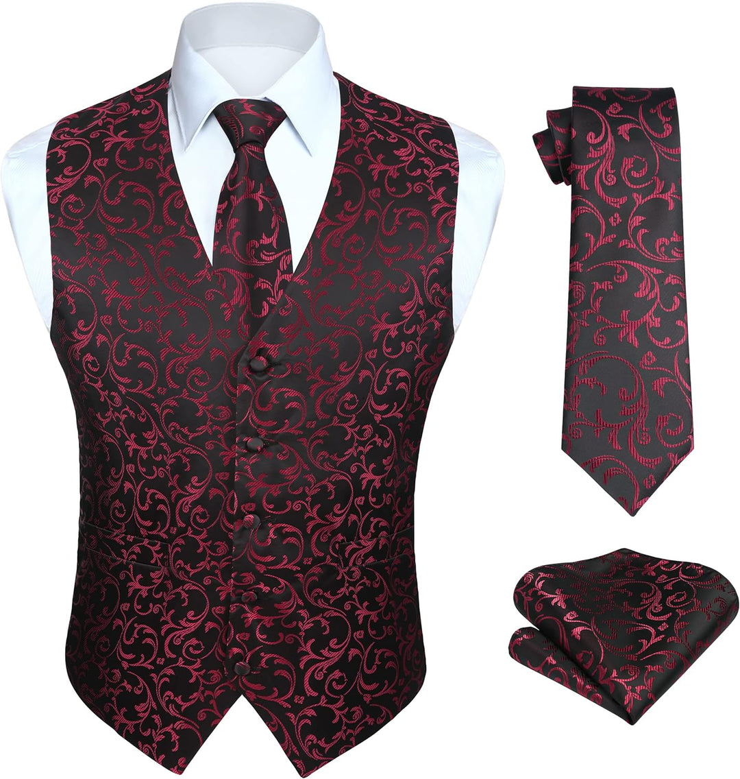 HISDERN Herren FLoral Hochzeit Weste Krawatte Einstecktuch Taschentuch Jacquard Weste Anzug Set M Sc