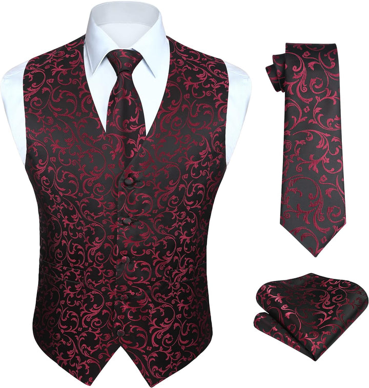 HISDERN Herren FLoral Hochzeit Weste Krawatte Einstecktuch Taschentuch Jacquard Weste Anzug Set M Sc