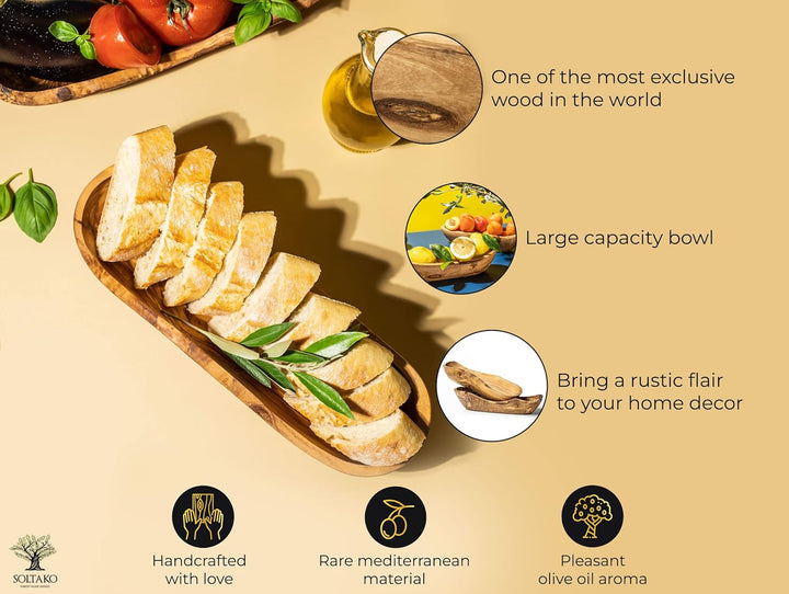 SOLTAKO Olivenholz Schale länglich Le Boulanger L (30-34 cm) rustikale Schale aus Oliven Holz 1 L, 1