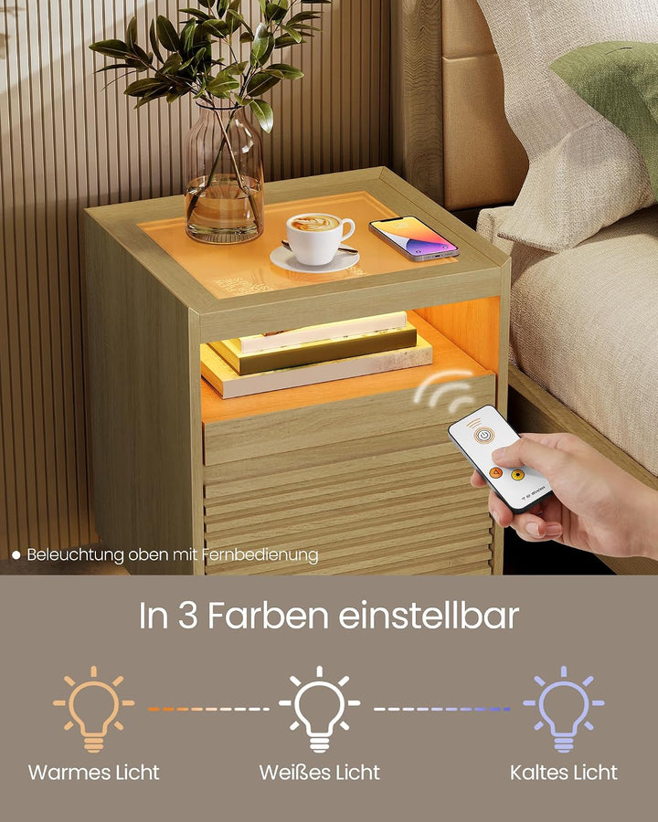 VASAGLE Nachttisch mit LED-Beleuchtung, Schublade, ausziehbare Ablage