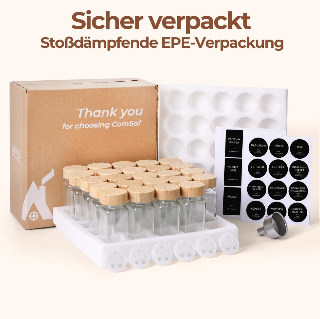 ComSaf Gewürzgläser Eckig mit Etiketten (24×120ml), Gewürzstreuer Glas mit Bambusdeckel, Gewürzdosen