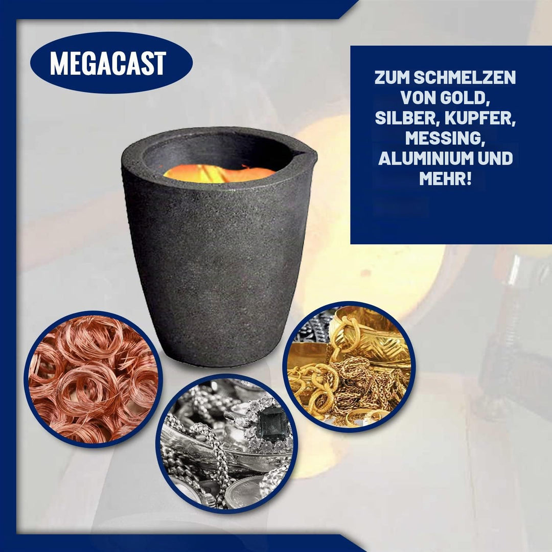 MegaCast, Guss-Tiegel, Graphit-Tiegel mit Ausgiesser, für Ofen, Fackel, Schmelzen, Giessen, Verfeine