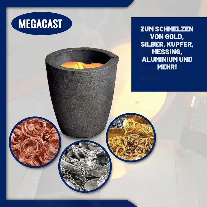 MegaCast, Guss-Tiegel, Graphit-Tiegel mit Ausgiesser, für Ofen, Fackel, Schmelzen, Giessen, Verfeine