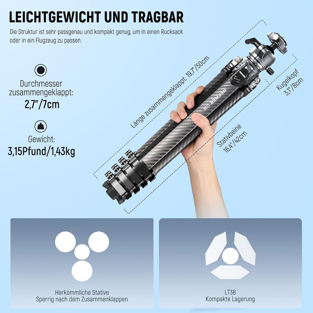 NEEWER LITETRIP LT38 61" Reisestativ Kamera, tragbarer Ständer aus Carbonfaser, 360°Kugelkopf, Arca