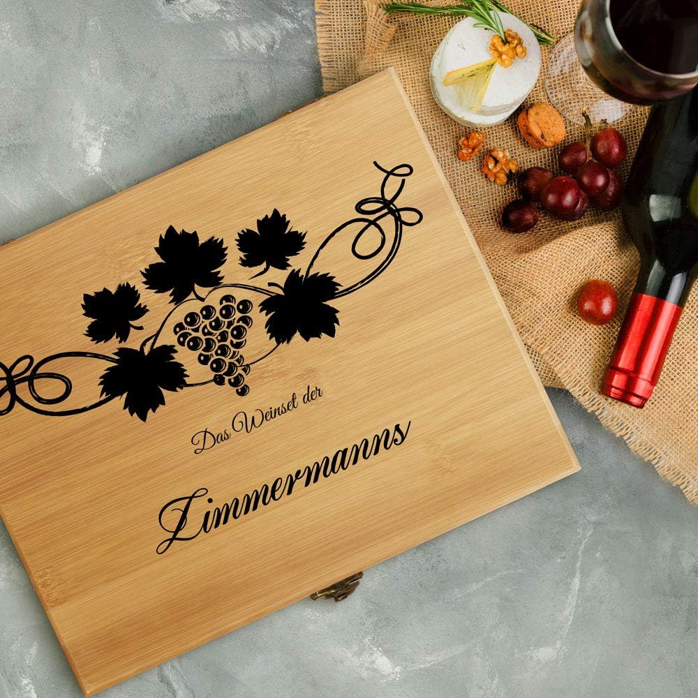 Maverton Weinöffner-Set personalisiert Weinset Sommelier Set - Geschenkbox Holzbox + 8er Weinzubehör