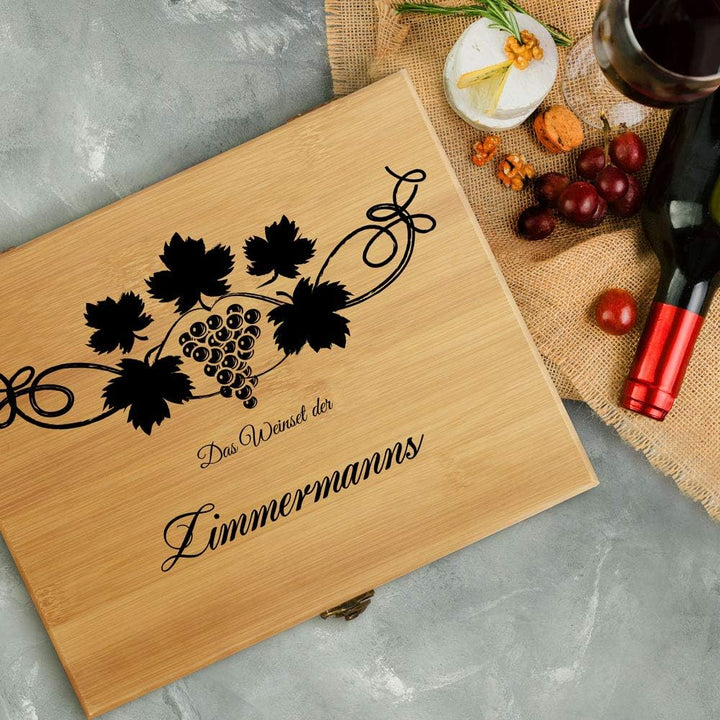Maverton Weinöffner-Set personalisiert Weinset Sommelier Set - Geschenkbox Holzbox + 8er Weinzubehör
