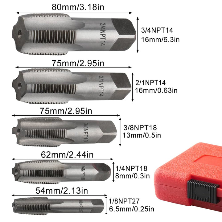5 Stück NPT Rohrgewindebohrer Set, 3/10.2 cm, 1/5.1 cm, 3/20.3 cm, 1/10.2 cm, 1/20.3 cm NPT Gewindeb