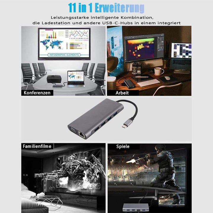 USB C HUB, Docking Station, 11-in-1 USB C Adapter mit 4K-HDMI, VGA, USB 3.0 Port, Type C PD, Etherne