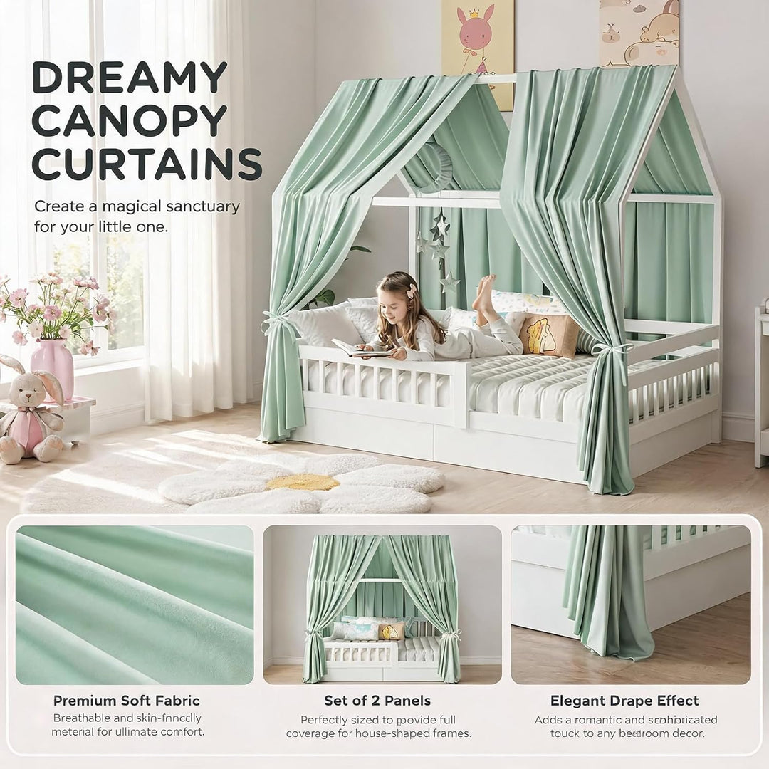 Hausbett Himmel Set, 2 Stück Betthimmel Hausbett, Leichter Atmbar Baumwoll Himmelbett Vorhängemit, M