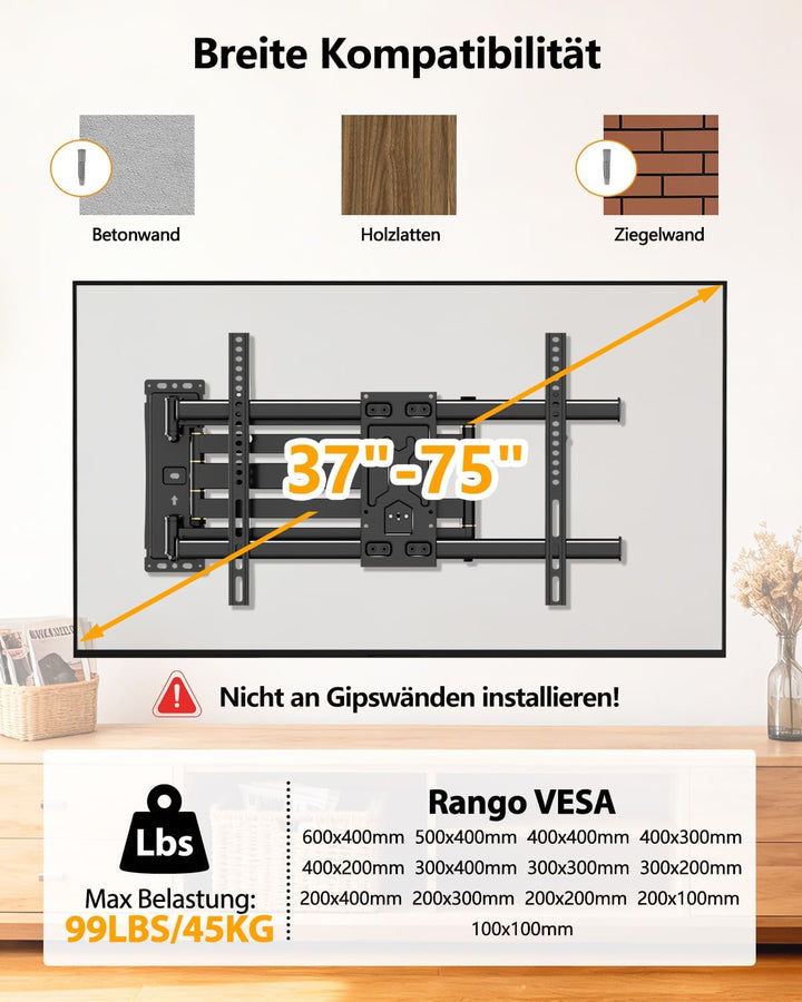 FORGING MOUNT TV Wandhalterung mit 1015mm Extra langem arm 37-75 Zoll TVs, Fernseher Halterung 180°d
