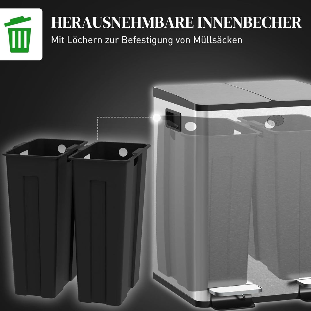 HOMCOM Mülleimer 2 x 20L Abfalleimer aus Edelstahl Mülltrennsystem mit Softclose Deckel, Herausnehmb