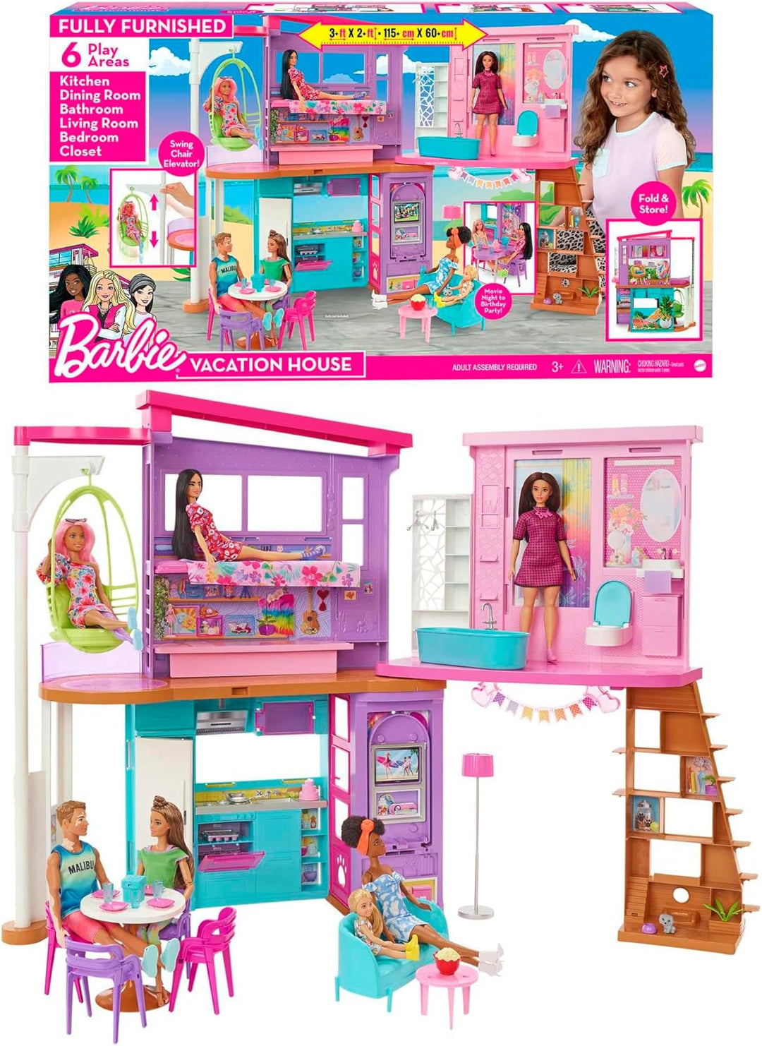 Barbie HCD50 - Malibu Ferien-Haus (klappbar), Puppenhaus mit Möbeln und diversen Zubehör-Teilen, Spi