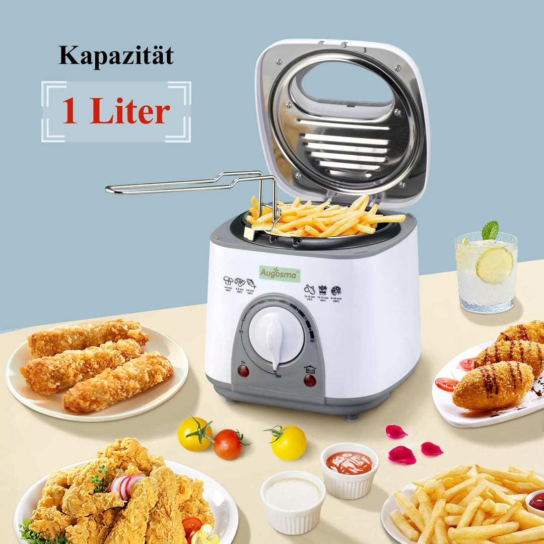 Augosma Mini Fritteuse Mit öl | 850-950W l Kapazität: 1 Liter l Sichtfenster l Frittierkorb aus Edel