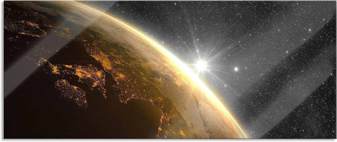 Glasbild Panorama | Wandbild aus Echtglas | Die Sonne und Erde im Weltall | 100x40 cm | inkl. Aufhän