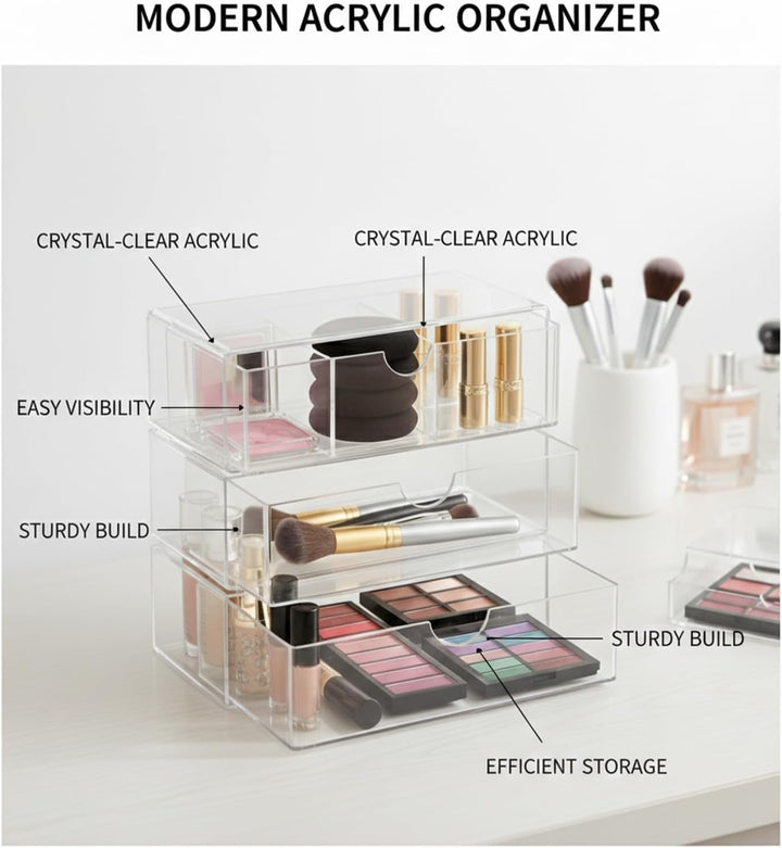 3 Stück Acryl Schmink Organizer Schminktisch Make up Organizer Kosmetik Makeup Organizers Schubladen