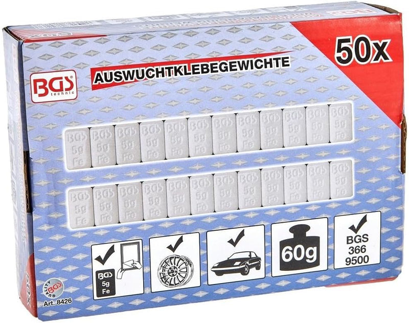 BGS 8426 | Auswuchtklebegewichte | 50-tlg. | 12 x 5 g | Klebe-, Auswucht-, Stahl-Gewichte | Kleberie