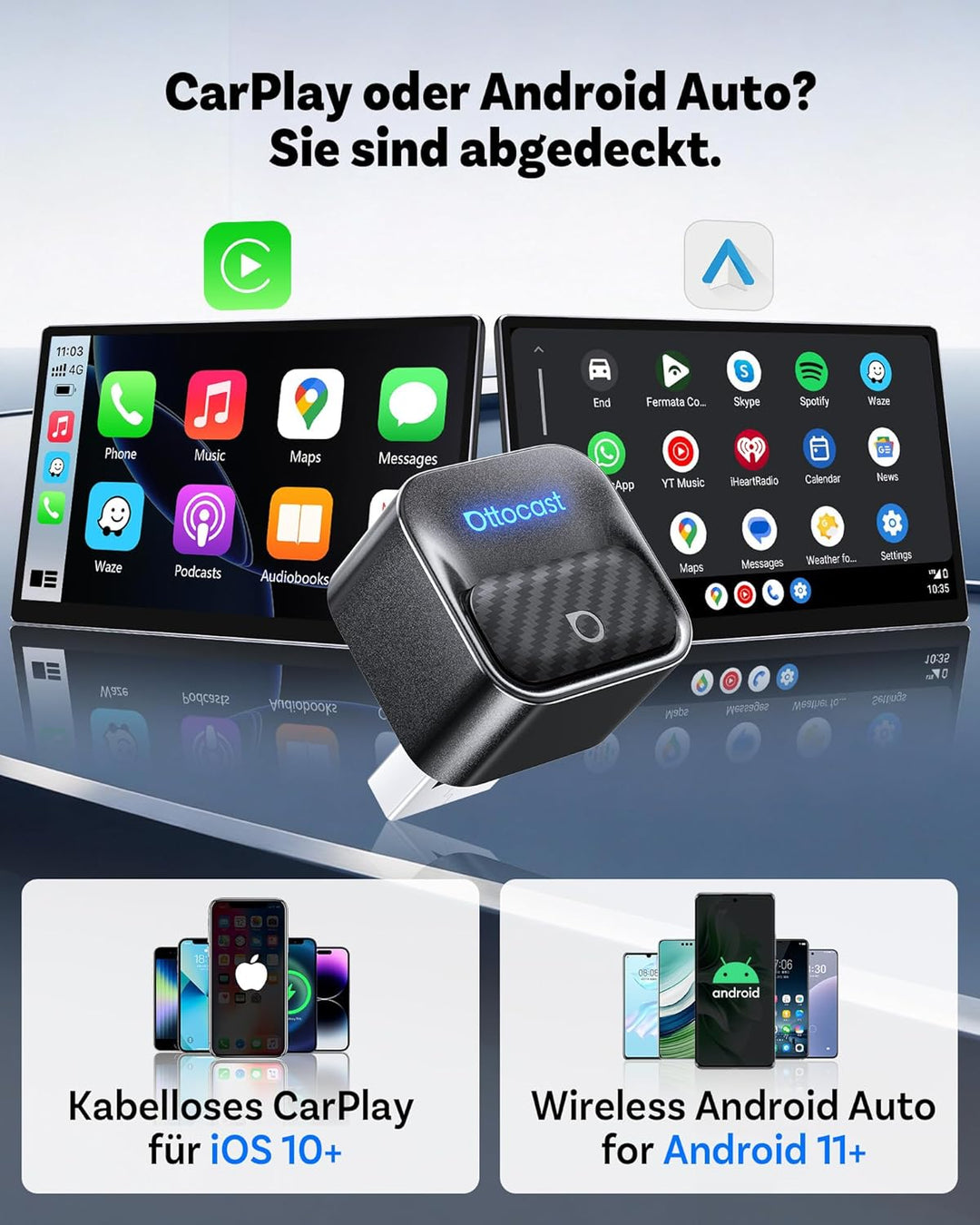 (2026 Aufgerüstet) OTTOCAST 2-in-1 Wireless CarPlay & Android Auto Adapter, Ottocast Mini Core mit E