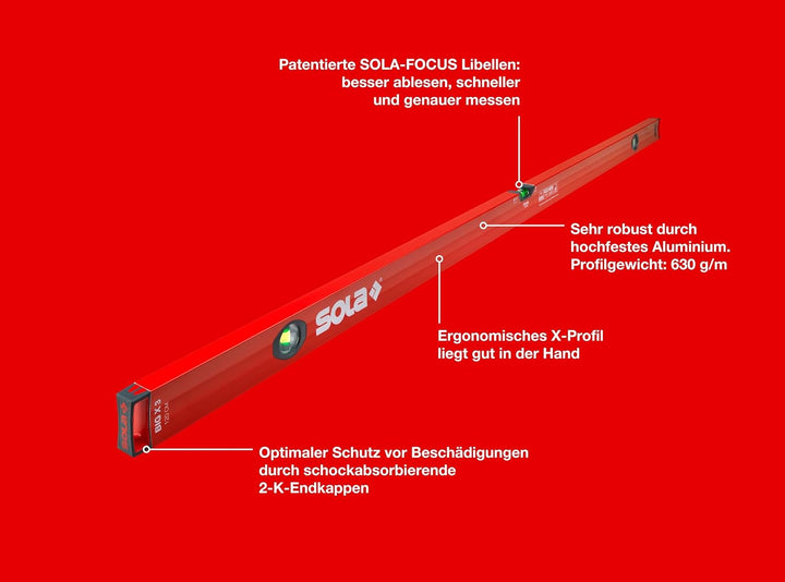 SOLA - BIGX3 Wasserwaage 1,20m, Rot 1200 mm, 1200 mm