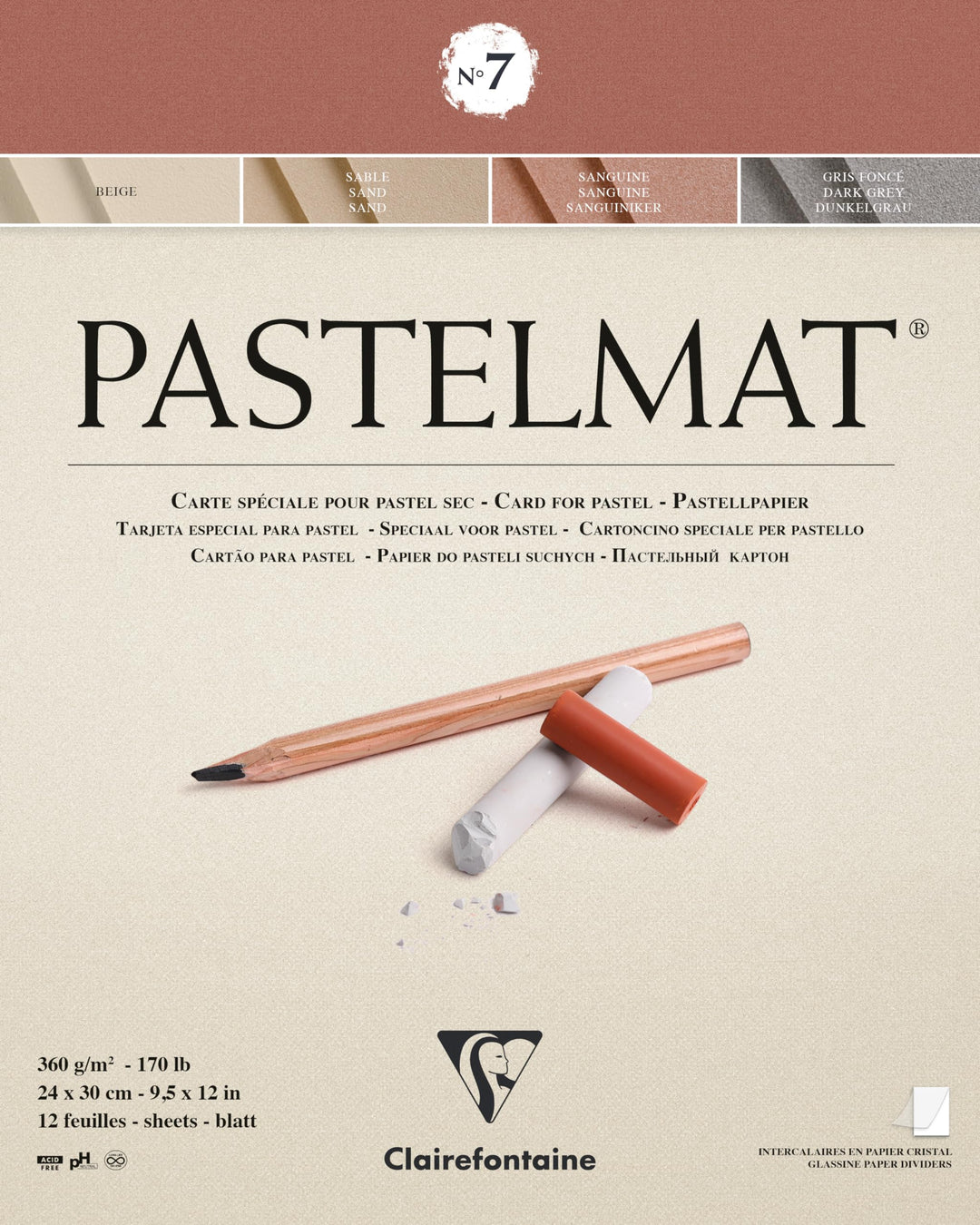 Clairefontaine 96053C - Zeichenblock Pastelmat, kopfgeleimt, 12 Blatt 24x30 cm, 360g, 4 Farben sorti