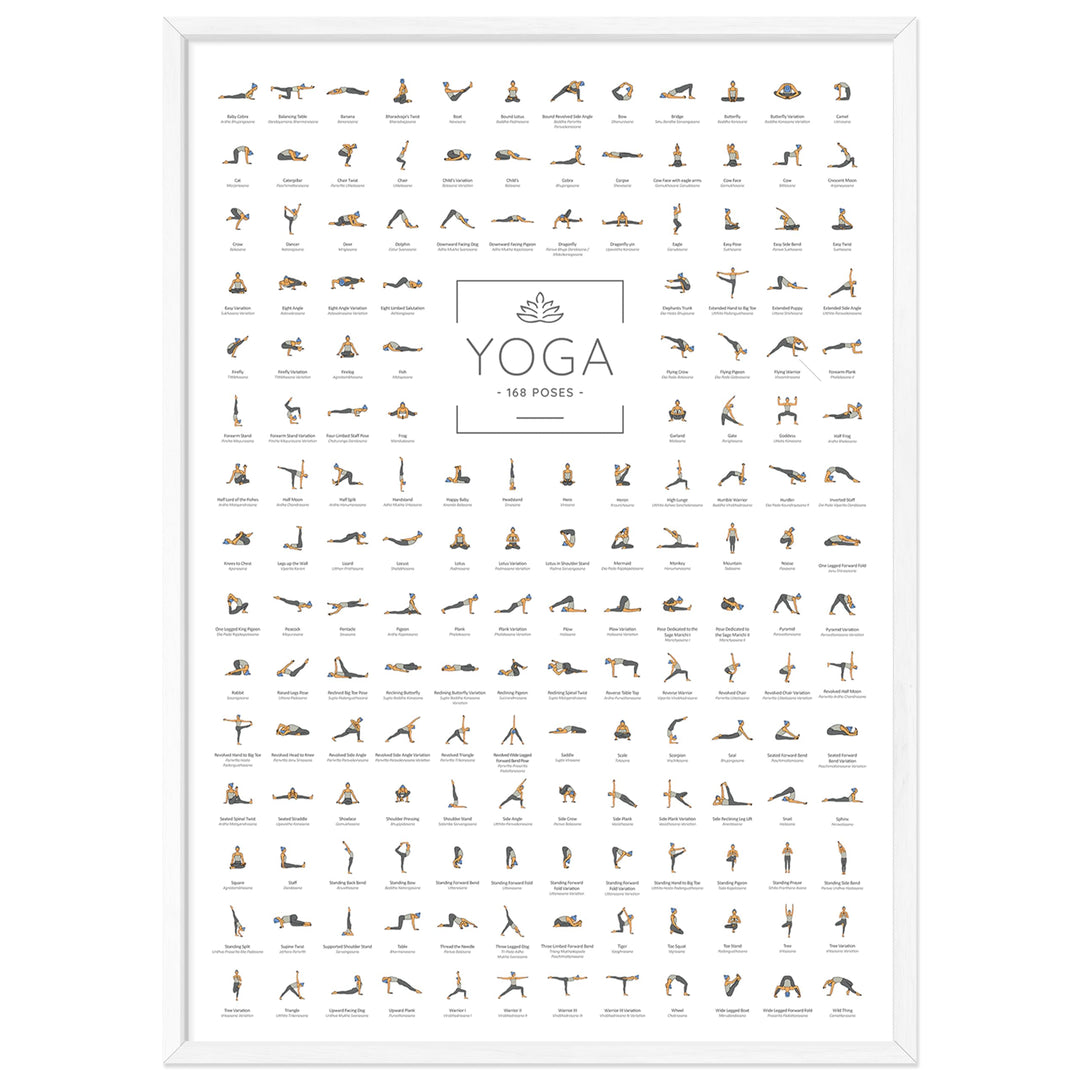 JUNOMI® Yoga Poster 50x70 cm mit Rahmen Weiss, Yoga Zubehör für Studios und Übungen Zuhause, geeigne