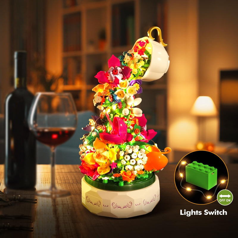 HOGOKIDS Blumen Musik Bauspielzeug mit LED Licht - Kreativer Blumenstrauss Botanische Rotierende Spi