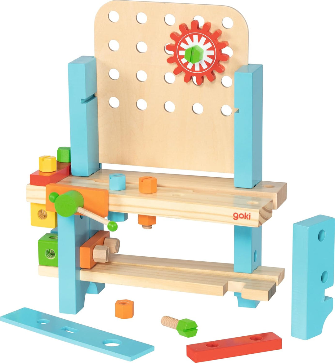 goki 58386 - Meine erste Werkbank aus Holz, Holzspielset für Heimwerker inkl. Hammer, Schrauben, Dre