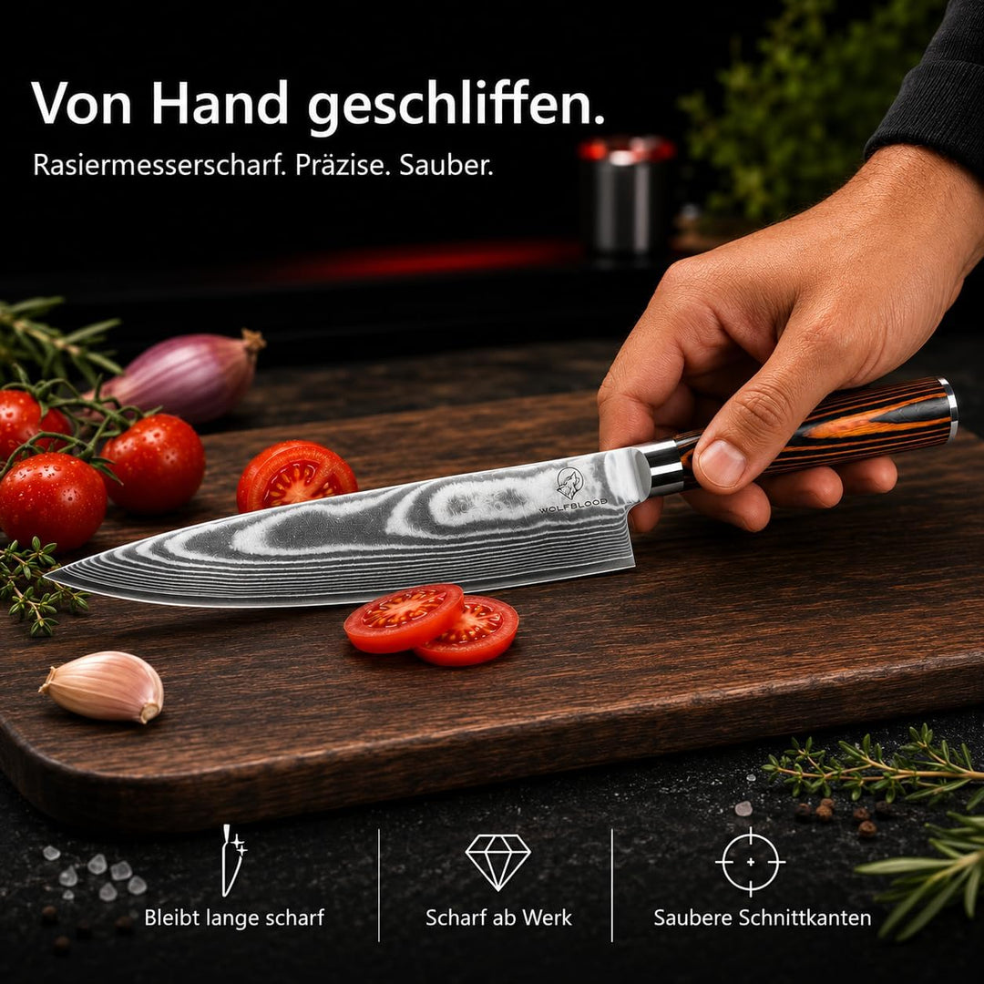 Wolfblood Damastmesser Küchenmesser XL(32cm) Profi-Kochmesser aus 67 Lagen Damaststahl &amp; VG10 Allzwe