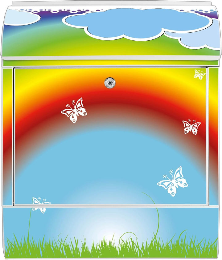 banjado® Design Briefkasten mit Motiv Regenbogen 39x47x14cm &amp; 2 Schlüssel - Briefkasten Stahl weiss