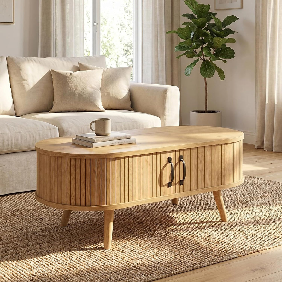 Ovaler Couchtisch Holz mit Stauraum, Moderner Wohnzimmertisch mit geriffelten Fronten, Skandinavisch
