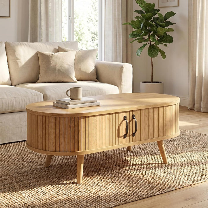 Ovaler Couchtisch Holz mit Stauraum, Moderner Wohnzimmertisch mit geriffelten Fronten, Skandinavisch