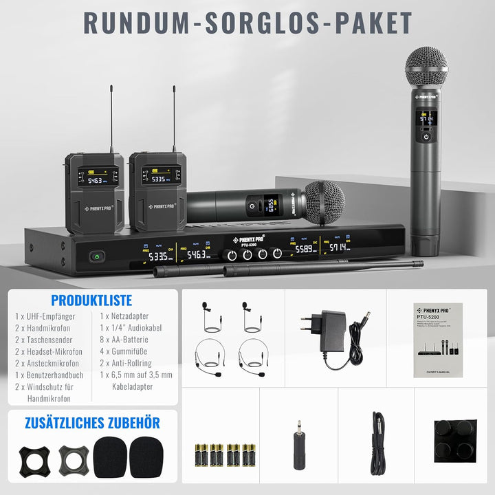 Phenyx Pro Drahtloses Mikrofonsystem, 4-Kanal-Drahtlosmikrofon-Set mit Hand-/Taschen-/Kopfbügel-/Ans