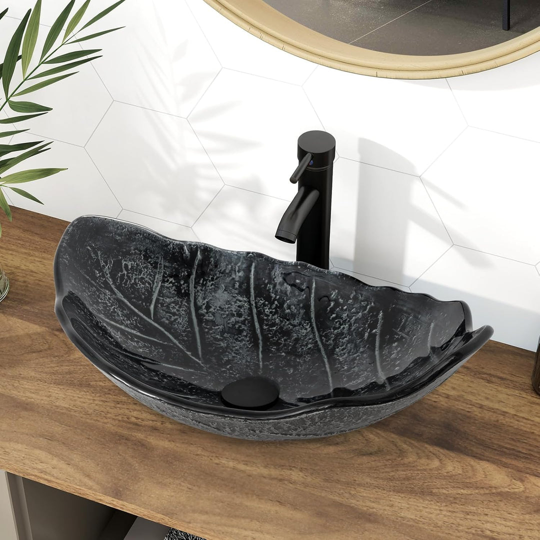 YU YUSING Aufsatzwaschbecken Waschbecken Glas Waschtisch Waschschale mit Wasserhahn Set, Blattförmig