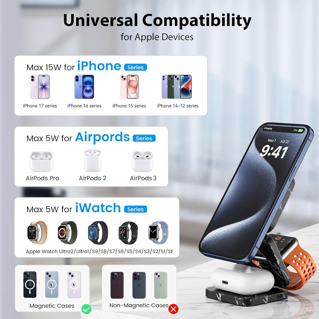 KU XIU Faltbar 3 in 1 Ladestation für Apple Watch und iPhone kompatibel mit MagSafe Ladegerät Indukt
