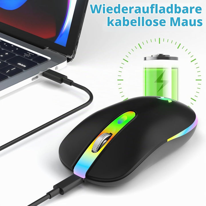 Maus Kabellos 2.4G USB Funkmaus 3DPI Wiederaufladbare Laptop mit USB-Empfänger 7 Typen LED Beleuchte