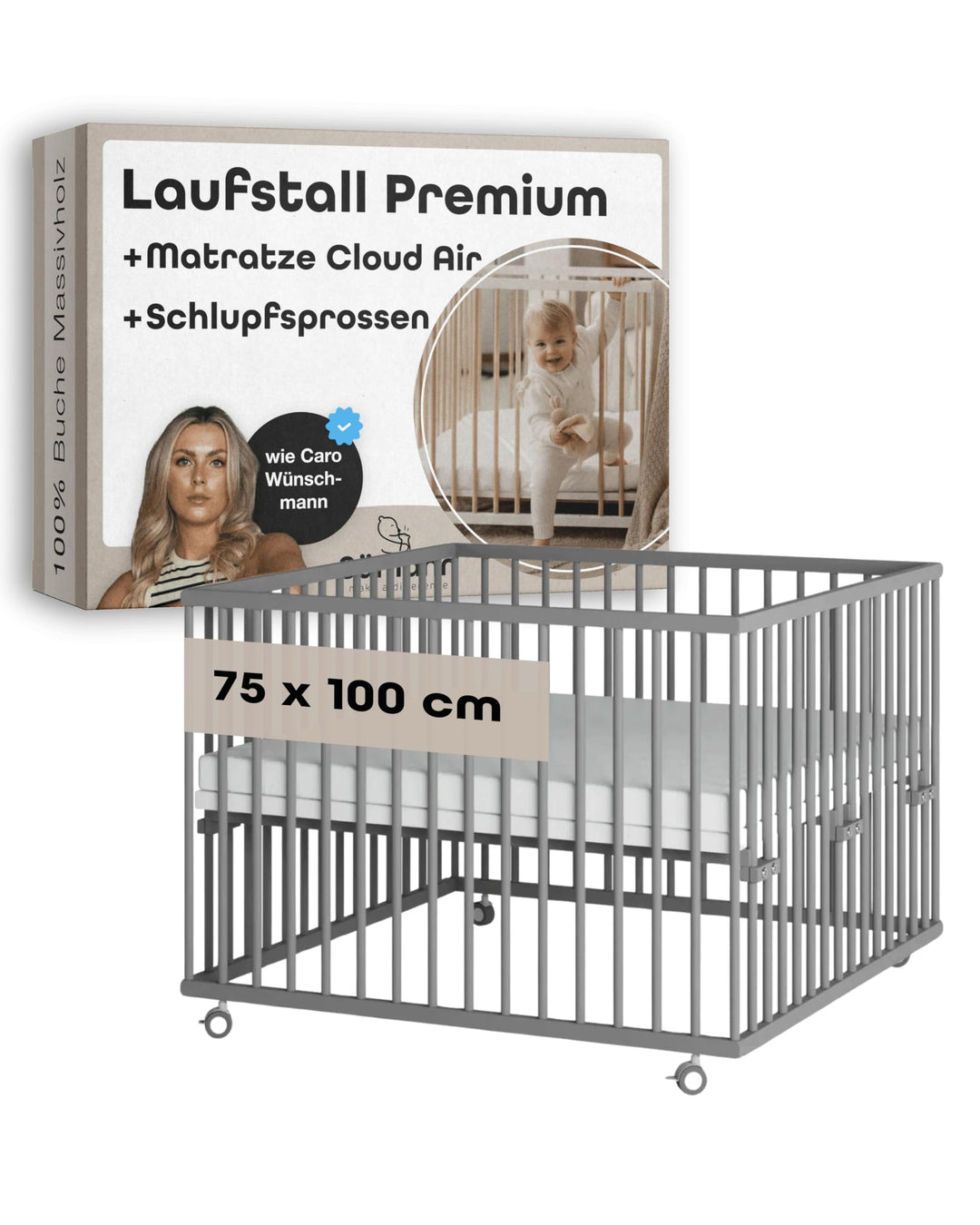 Sämann Laufstall Baby mit Matratze Cloud Air und Schlupfsprossen | TÜV geprüft | stufenlos höhenvers
