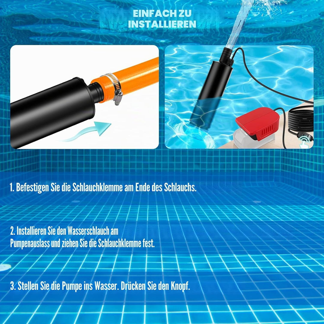 Tauchpumpe Kompatibel mit Einhell 18V Batterie, 30L/min, Lift 15FT, 120W angetriebene Wasserpumpe, T
