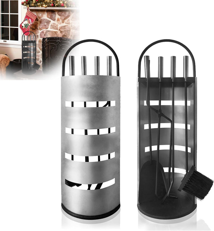 Yznahre Edelstahl Kaminbesteck Set 5 TLG, Modern Kamingarnitur Kaminwerkzeug mit Ständer, Besen, Zan