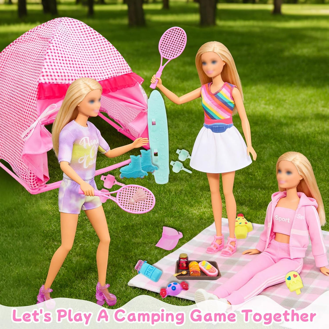 25 Kleidung Camping Sets Kompatibel mit Barbie, 1 Zelt 2 Oberteil Hosen1 Rock 1 Picknickdecke 3 Schu